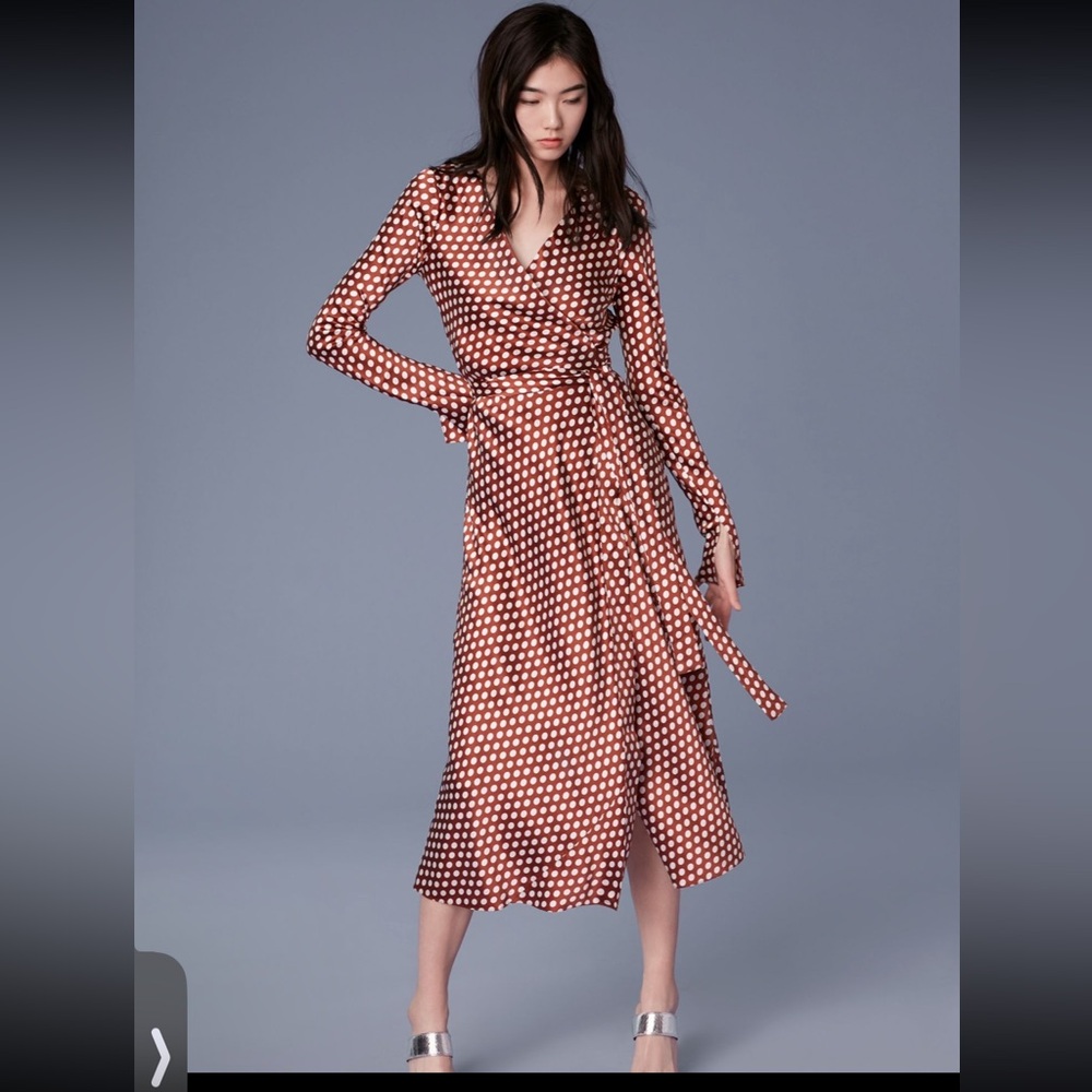 Diane Von Furstenberg Brown and White Wrap Midi Dress.
